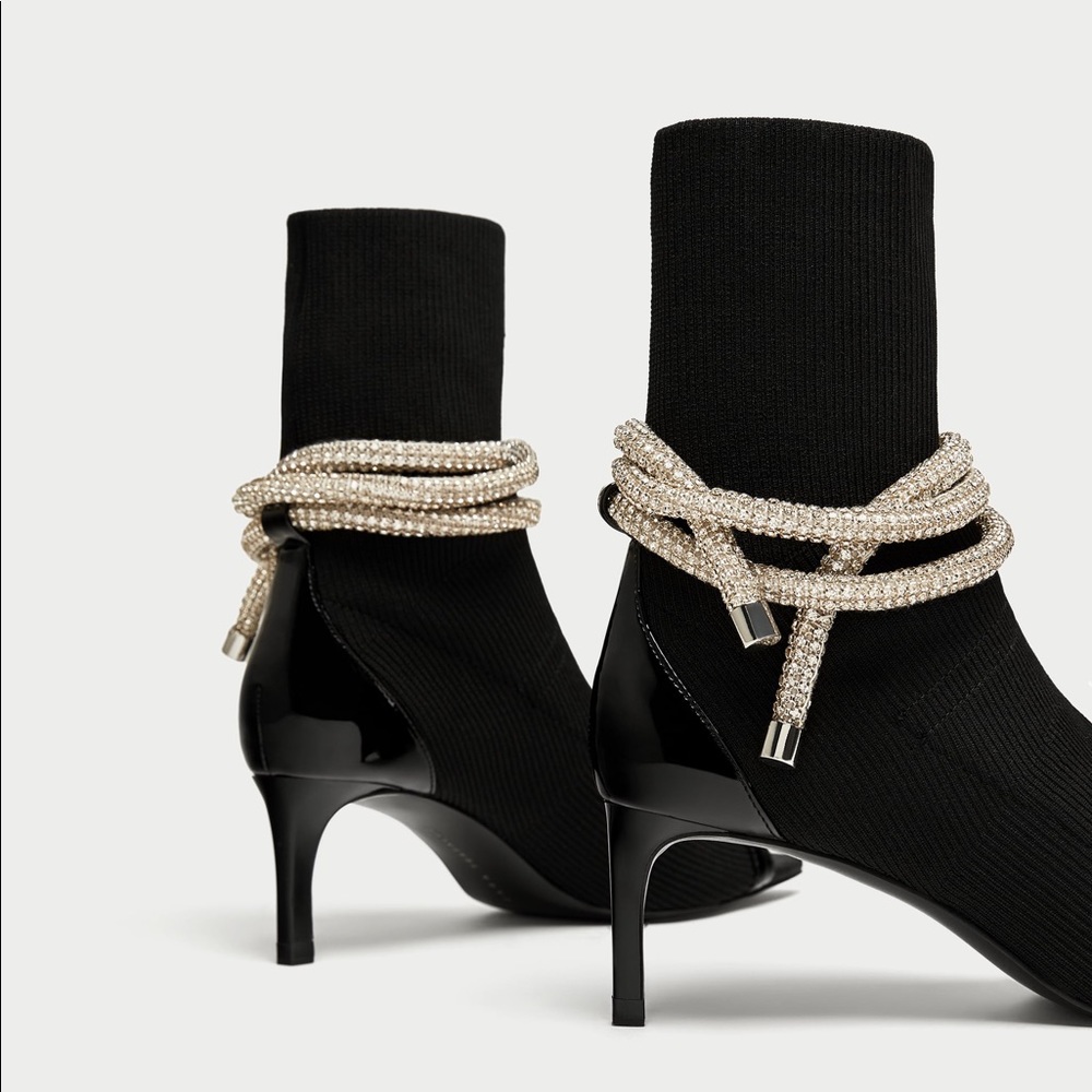 SOLD! Zara Black Open Toe Ankle Boots Jewel Cord - Picture 3 of 8